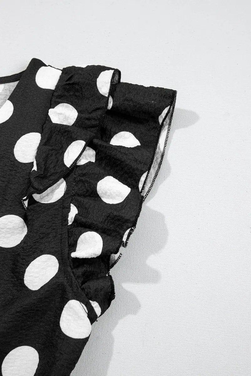 Black Polka Dot Print Ruffled Sleeve V Neck Blouse for Women - Love Salve